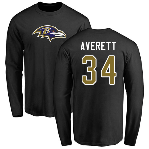 Men Baltimore Ravens Black Anthony Averett Name and Number Logo NFL Football #34 Long Sleeve T Shirt